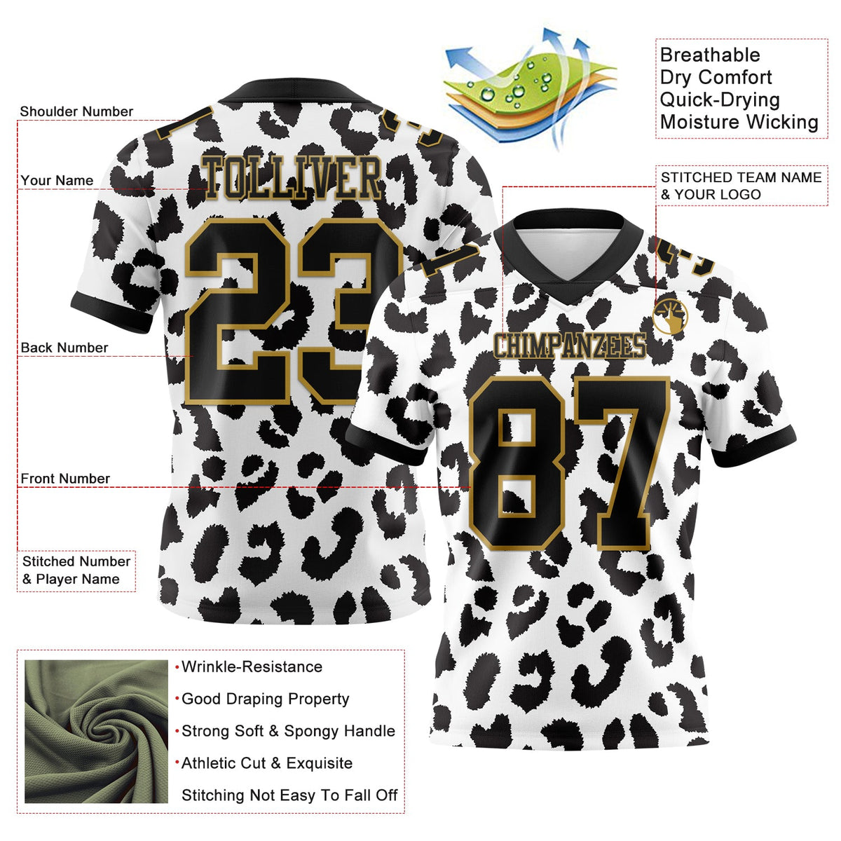 Custom White Black-Old Gold 3D Pattern Leopard Print Authentic Football Jersey - Front