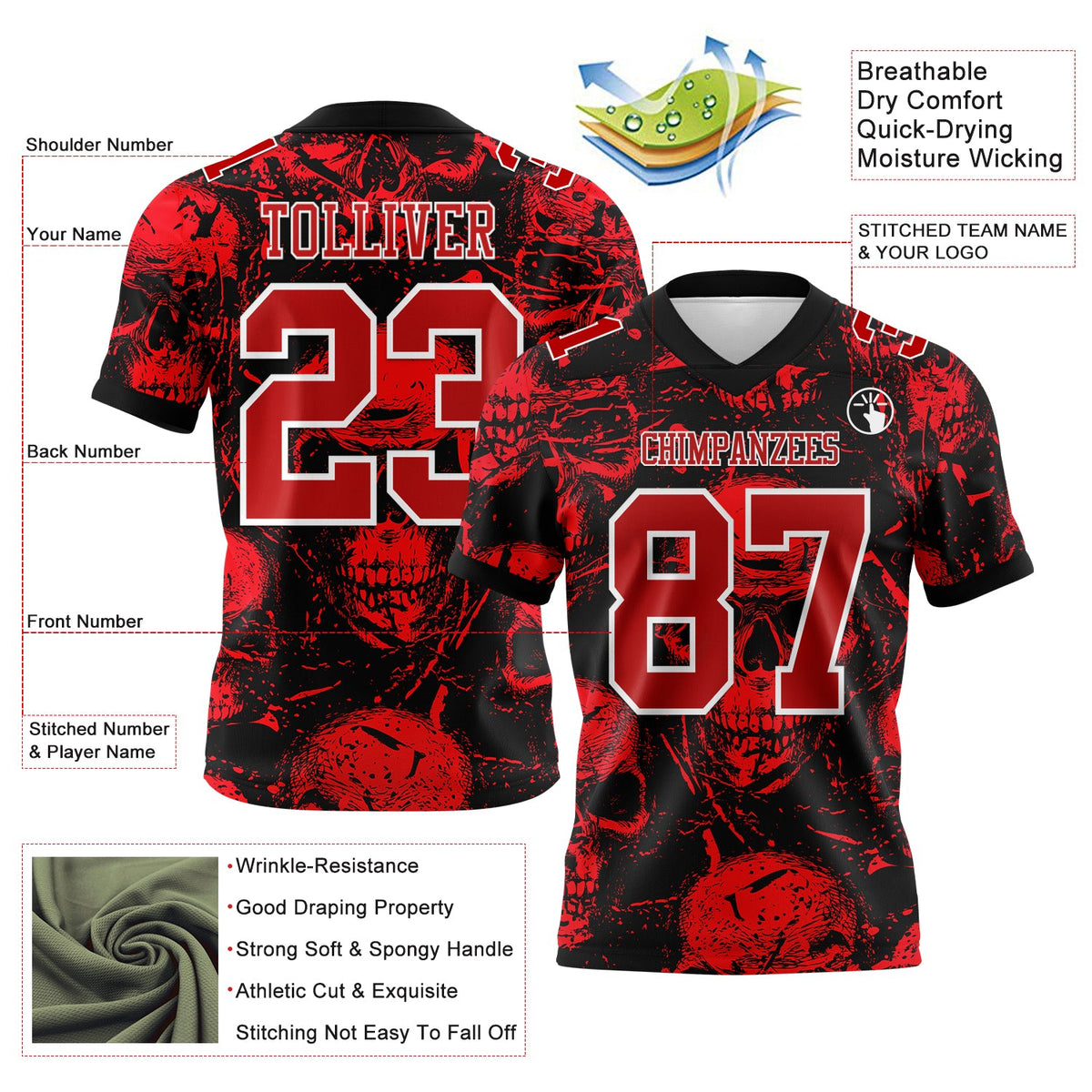 Custom Black Red-White 3D Pattern Halloween Skull Authentic Football Jersey - Front