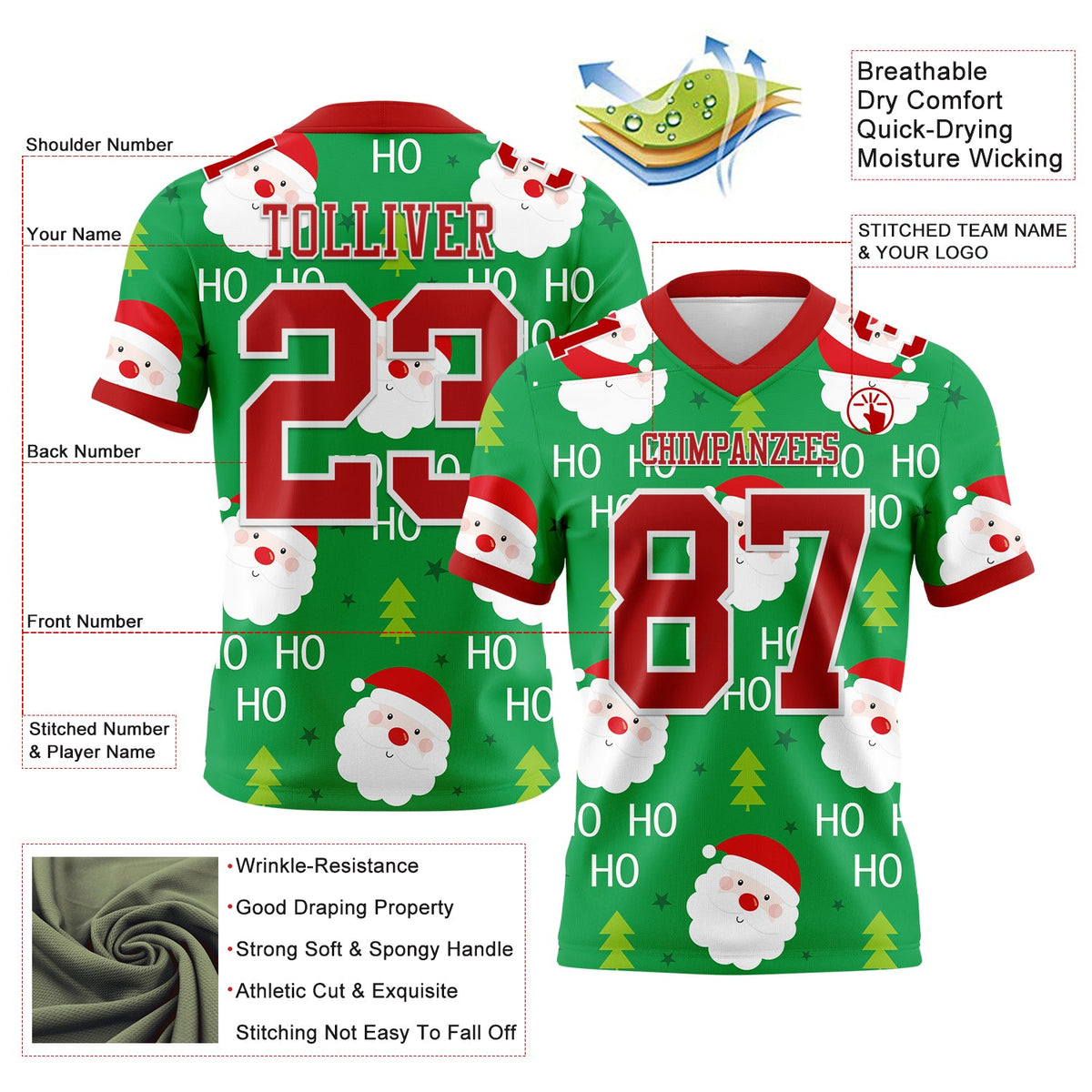 Custom Green Red-White 3D Pattern Christmas Authentic Football Jersey - Front