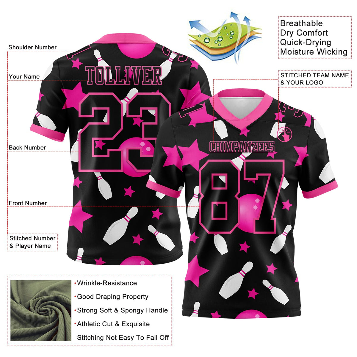 Custom Black Pink 3D Pattern Bowling Authentic Football Jersey - Front