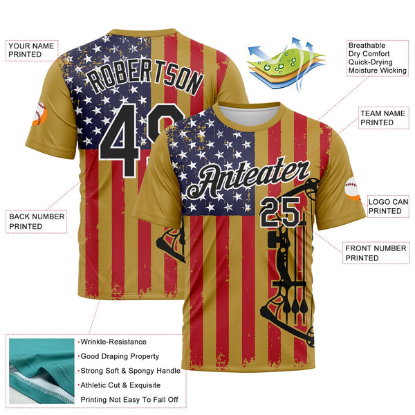 Custom Old Gold Black-White 3D Pattern Design Arrow Archery Bow Target American Flag Performance T-Shirt alternate