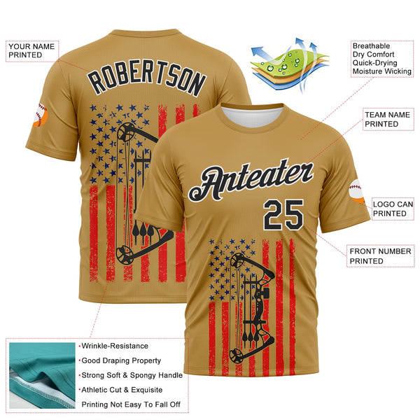 Custom Old Gold Black Fire Red-White 3D Pattern Design Arrow Archery Bow Target American Flag Performance T-Shirt alternate