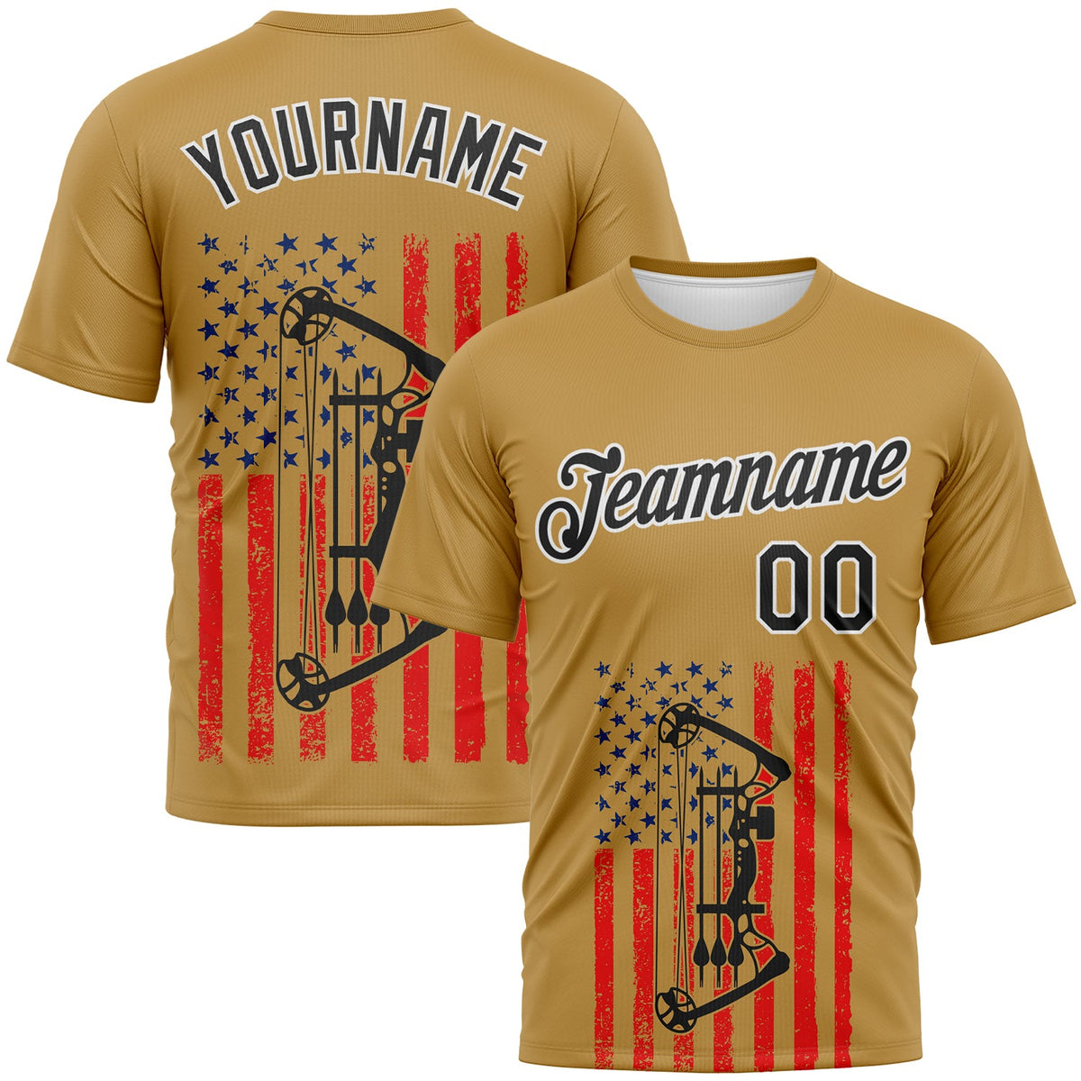 Custom Old Gold Black Fire Red-White 3D Pattern Design Arrow Archery Bow Target American Flag Performance T-Shirt