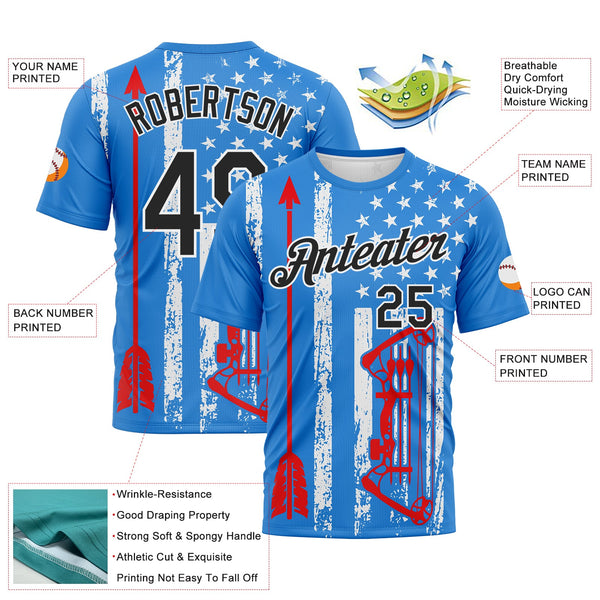Custom Powder Blue Black Fire Red-White 3D Pattern Design Arrow Archery Bow Target American Flag Performance T-Shirt alternate
