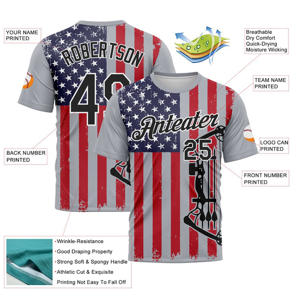 Custom Gray Black Fire Red-White 3D Pattern Design Arrow Archery Bow Target American Flag Performance T-Shirt alternate
