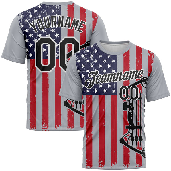 Custom Gray Black Fire Red-White 3D Pattern Design Arrow Archery Bow Target American Flag Performance T-Shirt