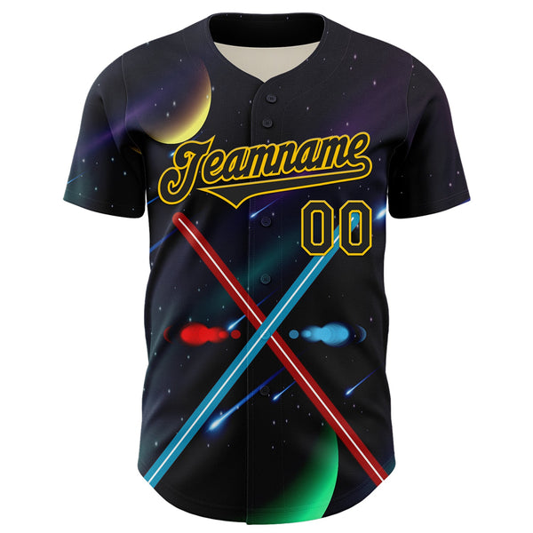 Custom Black Yellow 3D Pattern Design Outer Space Light Swords Authentic Baseball Jersey alternate