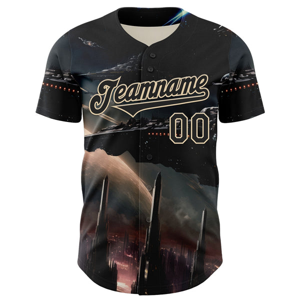 Custom Black City Cream 3D Pattern Design Outer Space Starships Authentic Baseball Jersey alternate