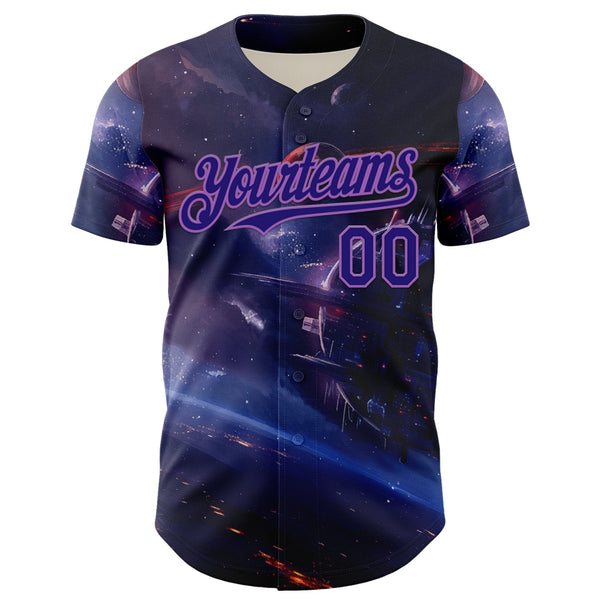 Custom Blue Dark Purple-Medium Purple 3D Pattern Design Outer Space Starships Authentic Baseball Jersey alternate