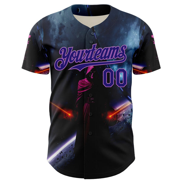 Custom Black Dark Purple-Medium Purple 3D Pattern Design Outer Space Light Swords Authentic Baseball Jersey alternate