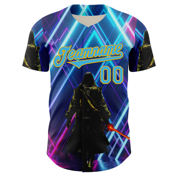 Custom Blue Sky Blue-Gold 3D Pattern Design Outer Space Light Swords Authentic Baseball Jersey alternate