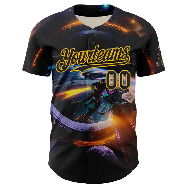 Custom Black Gold 3D Pattern Design Outer Space Light Swords Starships Authentic Baseball Jersey alternate