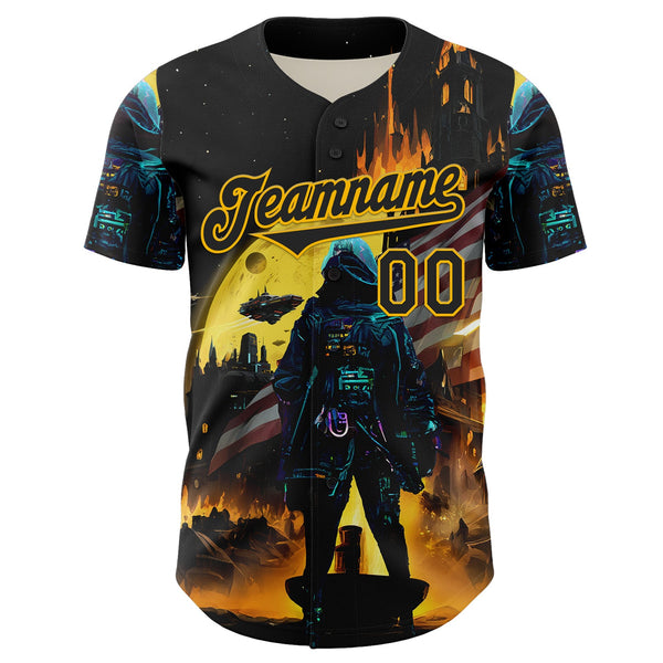 Custom Black Gold 3D Pattern Design Outer Space Starships American Flag Authentic Baseball Jersey alternate