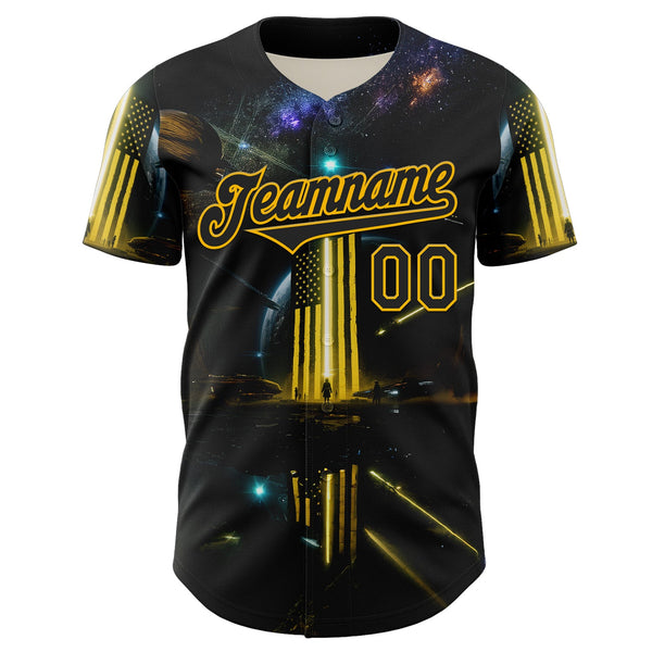 Custom Black Gold 3D Pattern Design Outer Space Light Swords American Flag Authentic Baseball Jersey alternate