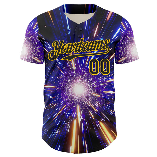 Custom Blue Black-Yellow 3D Pattern Design Outer Space Time Travel Authentic Baseball Jersey alternate