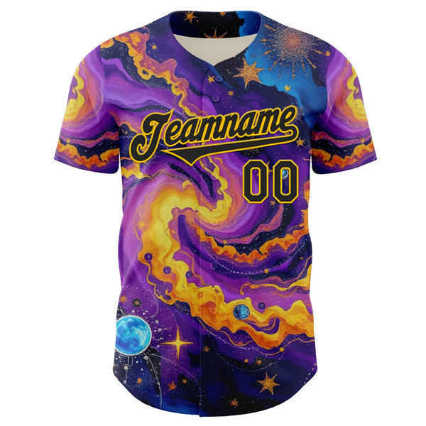 Custom Purple Black-Yellow 3D Pattern Design Outer Space Galaxy Authentic Baseball Jersey alternate