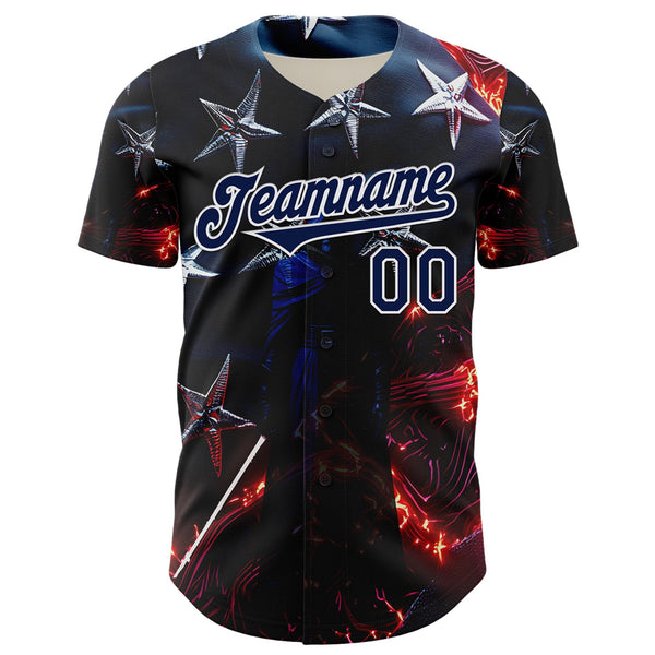 Custom Blue Navy-White 3D Pattern Design Outer Space Light Swords American Flag Authentic Baseball Jersey alternate