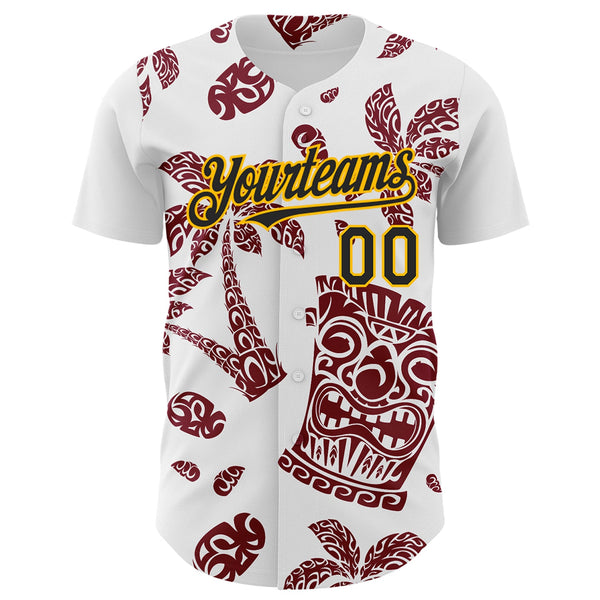 Custom White Black Crimson-Gold 3D Polynesian Style Tiki Culture Islander Authentic Baseball Jersey alternate