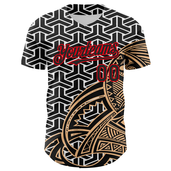 Custom White Black Old Gold-Fire Red 3D Polynesian Style Islander Authentic Baseball Jersey alternate