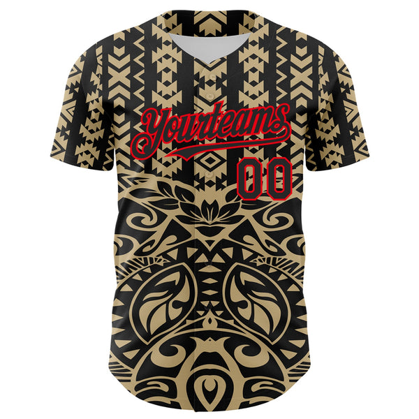 Custom Black Vegas Gold-Fire Red 3D Polynesian Style Islander Authentic Baseball Jersey alternate