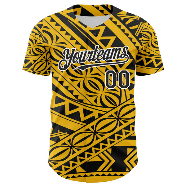 Custom Yellow Black-White 3D Polynesian Style Islander Authentic Baseball Jersey alternate