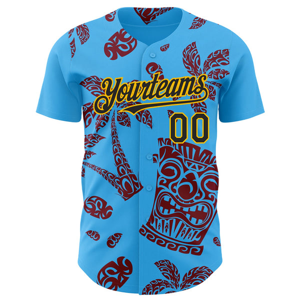 Custom Sky Blue Black Crimson-Gold 3D Polynesian Style Tiki Culture Islander Authentic Baseball Jersey alternate