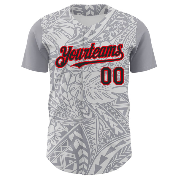 Custom Gray Black White-Fire Red 3D Polynesian Style Palm Leaves Islander Authentic Baseball Jersey alternate