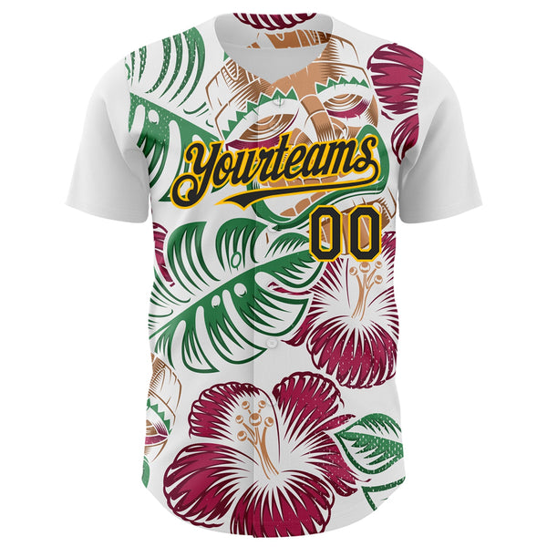 Custom White Black-Gold 3D Polynesian Style Tiki Culture Palm Leaves Islander Authentic Baseball Jersey alternate