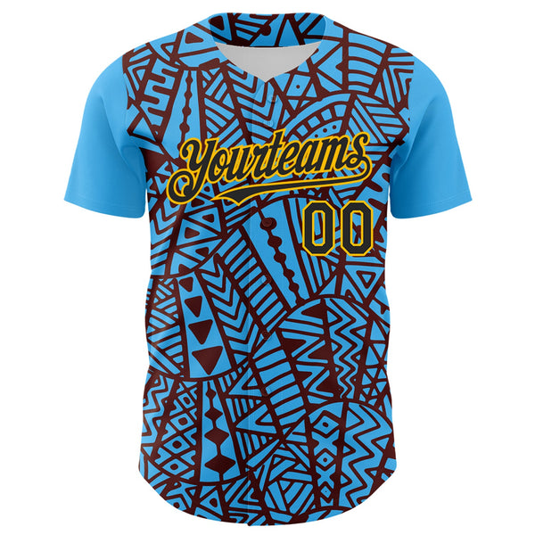 Custom Sky Blue Black Brown-Gold 3D Polynesian Style Islander Authentic Baseball Jersey alternate