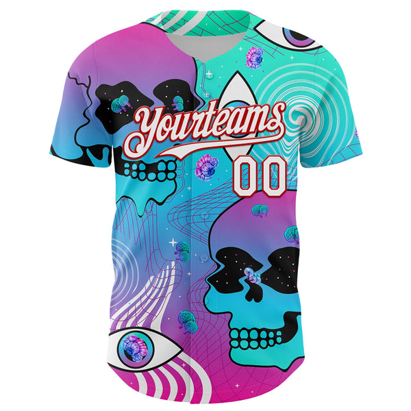 Custom Blue White-Red 3D Pattern Design Trippy Magic Mushrooms Skull Authentic Baseball Jersey alternate