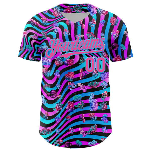 Custom Black Pink Purple-Sky Blue 3D Pattern Design Trippy Psychedelic Magic Mushrooms Authentic Baseball Jersey alternate