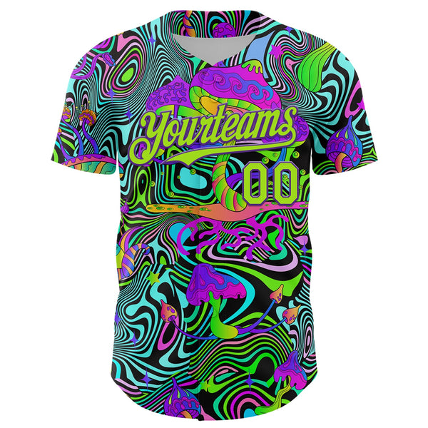 Custom Purple Neon Green 3D Pattern Design Trippy Groovy Magic Mushrooms Authentic Baseball Jersey alternate