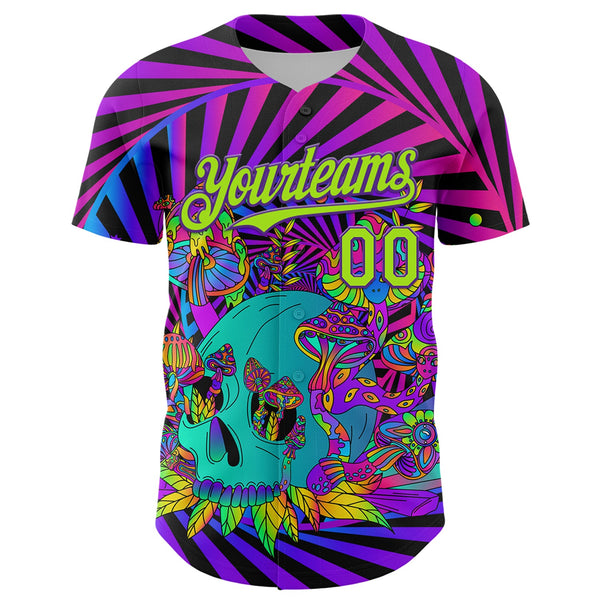 Custom Purple Neon Green 3D Pattern Design Trippy Magic Mushrooms Skull Authentic Baseball Jersey alternate