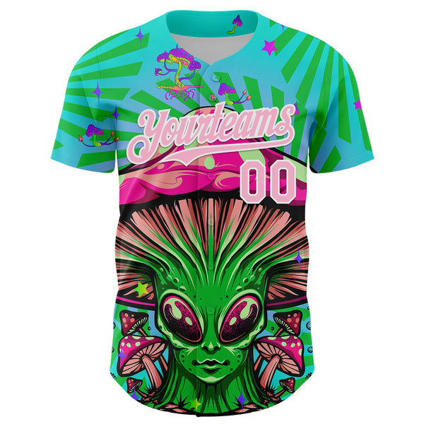 Custom Blue Light Pink-White 3D Pattern Design Trippy Magic Mushrooms Alien Authentic Baseball Jersey alternate