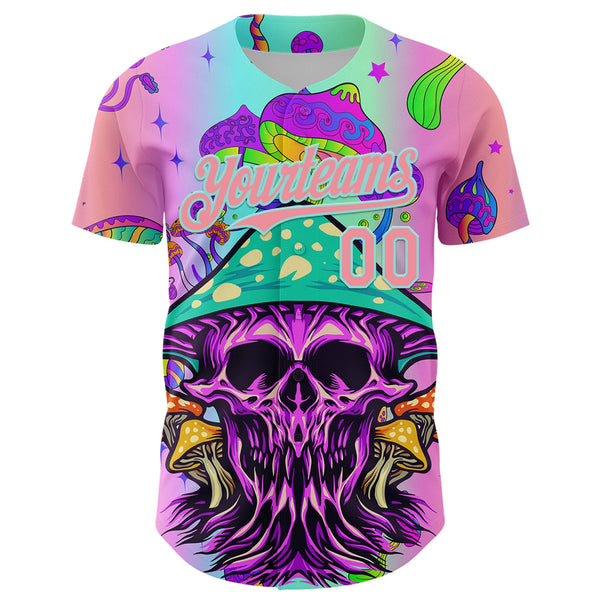 Custom Purple Medium Pink-Ice Blue 3D Pattern Design Trippy Magic Mushrooms Skull Authentic Baseball Jersey alternate
