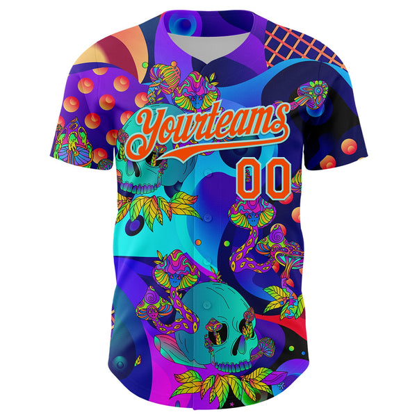 Custom Blue Orange-Ice Blue 3D Pattern Design Trippy Magic Mushrooms Skull Authentic Baseball Jersey alternate