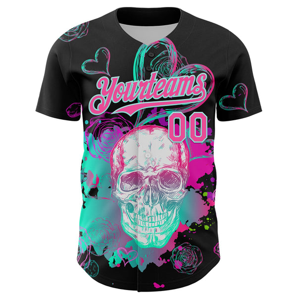 Custom Black Pink-Ice Blue 3D Pattern Design Trippy Magic Mushrooms Skull Authentic Baseball Jersey alternate