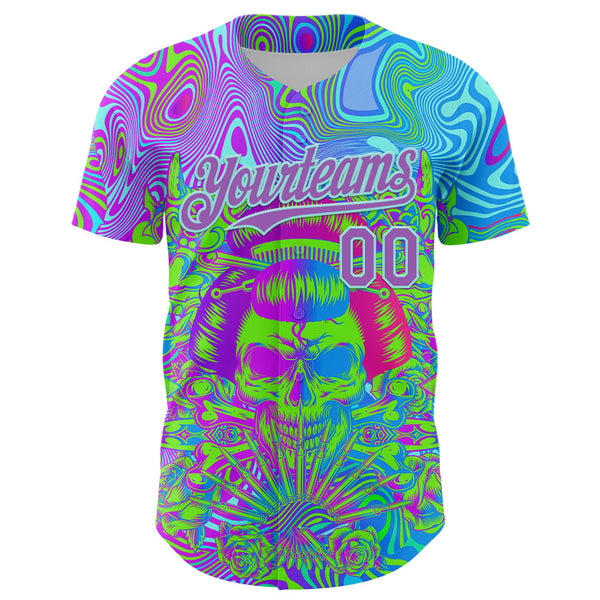 Custom Blue Medium Purple-Ice Blue 3D Pattern Design Trippy Magic Mushrooms Skull Authentic Baseball Jersey alternate
