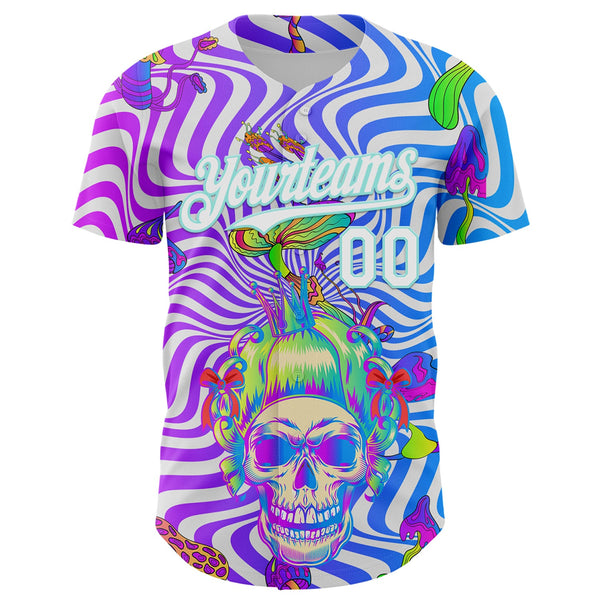 Custom Purple White-Ice Blue 3D Pattern Design Trippy Magic Mushrooms Skull Authentic Baseball Jersey alternate