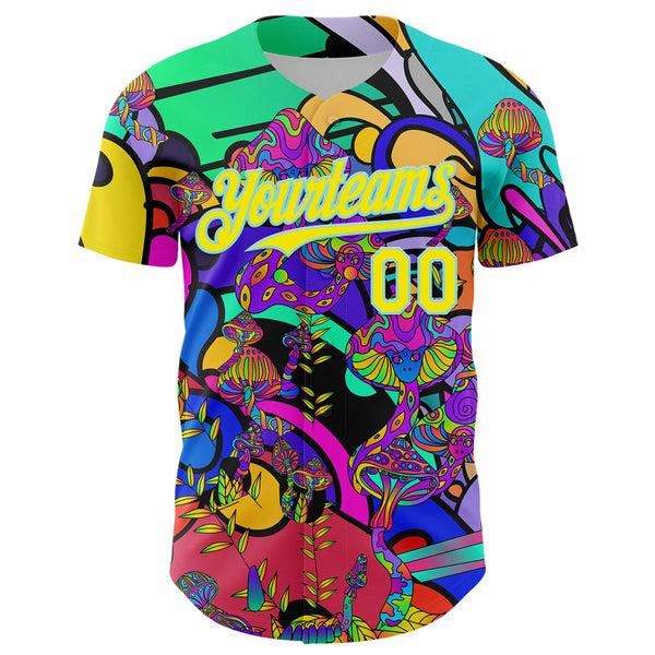 Custom Green Light Yellow-Ice Blue 3D Pattern Design Trippy Magic Mushrooms Hippie Authentic Baseball Jersey alternate