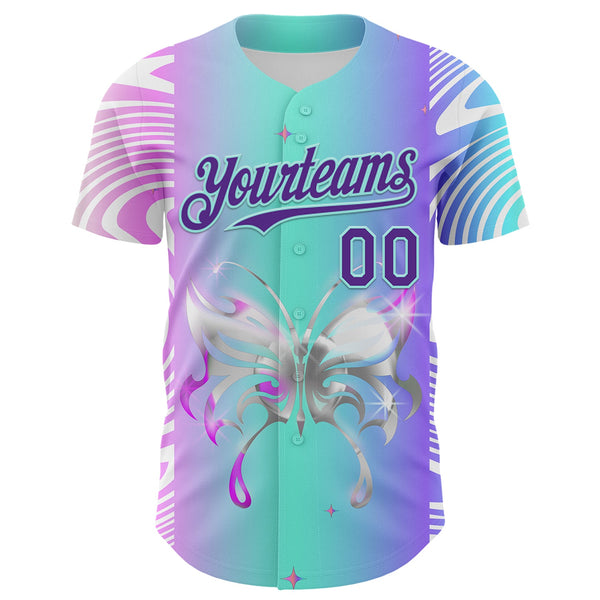 Custom Blue Purple-Ice Blue 3D Pattern Design Trippy Acid Butterfly Authentic Baseball Jersey alternate