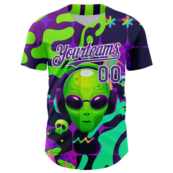 Custom Black Purple-White 3D Pattern Design Trippy Skull Alien Authentic Baseball Jersey alternate
