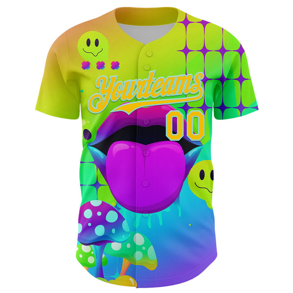 Custom Green Yellow-Ice Blue 3D Pattern Design Trippy Magic Mushrooms Acid Authentic Baseball Jersey alternate