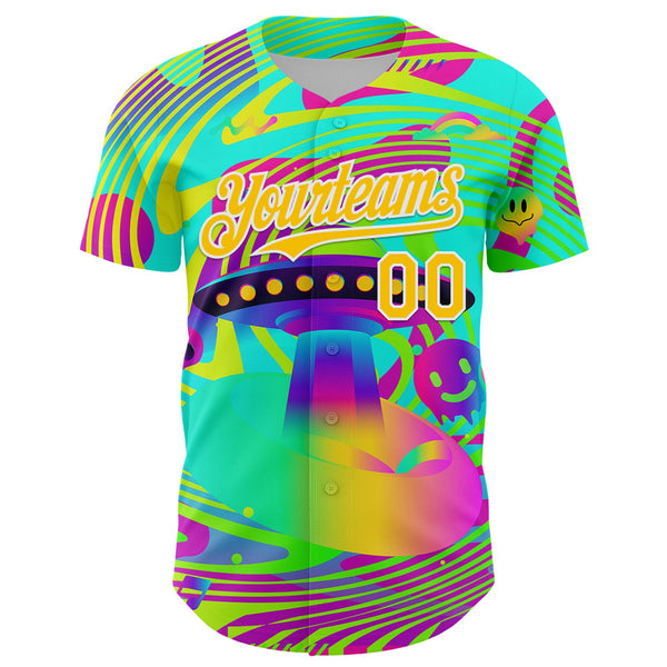 Custom Green Yellow-White 3D Pattern Design Trippy Acid UFO Authentic Baseball Jersey alternate