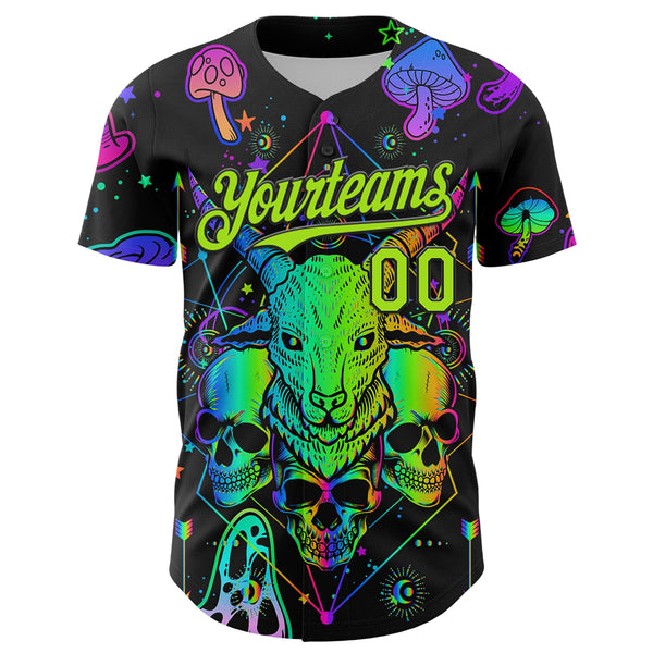 Custom Black Neon Green 3D Pattern Design Trippy Magic Mushrooms Goat Skull Authentic Baseball Jersey alternate