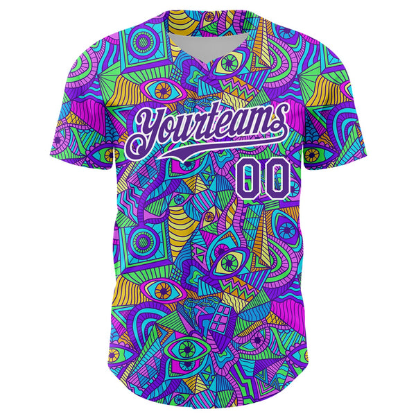 Custom Purple White 3D Pattern Design Trippy Psychedelic Eyes Authentic Baseball Jersey alternate