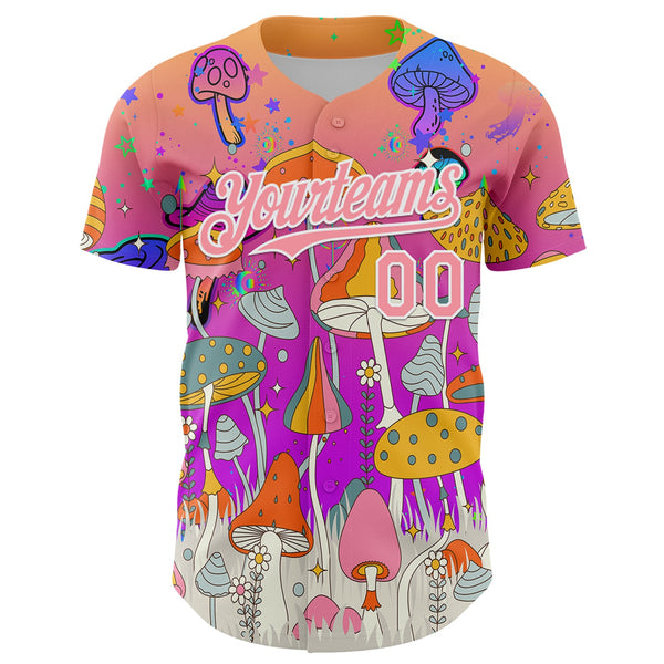 Custom Pink Medium Pink Purple-White 3D Pattern Design Trippy Magic Mushrooms Hippie Authentic Baseball Jersey alternate