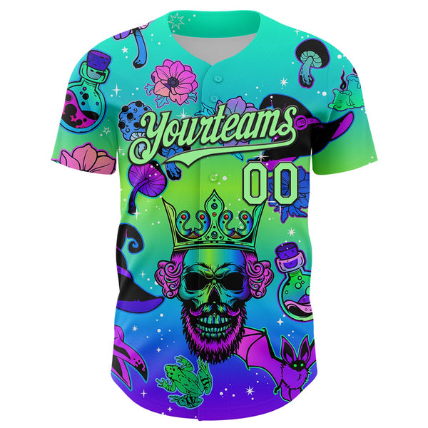 Custom Blue Pea Green-Black 3D Pattern Design Trippy Magic Mushrooms Skull Authentic Baseball Jersey alternate