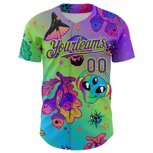 Custom Purple Neon Green 3D Pattern Design Trippy Magic Mushrooms Alien Authentic Baseball Jersey alternate