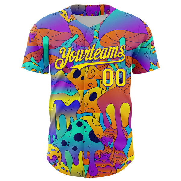 Custom Purple Light Yellow 3D Pattern Design Trippy Magic Mushrooms Trance Authentic Baseball Jersey alternate